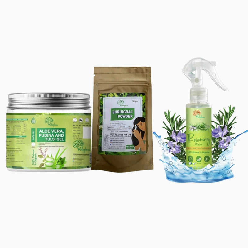 Bringhraj Powder + Aloe Vera with Tulsi & Pudina Gel + Pure Rosemary Hydrosol Spray Combo